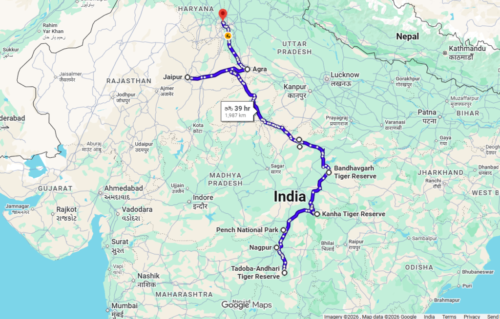 Nagpur → Tadoba → Pench → Kanha → Bandhavgarh → Panna → Khajuraho